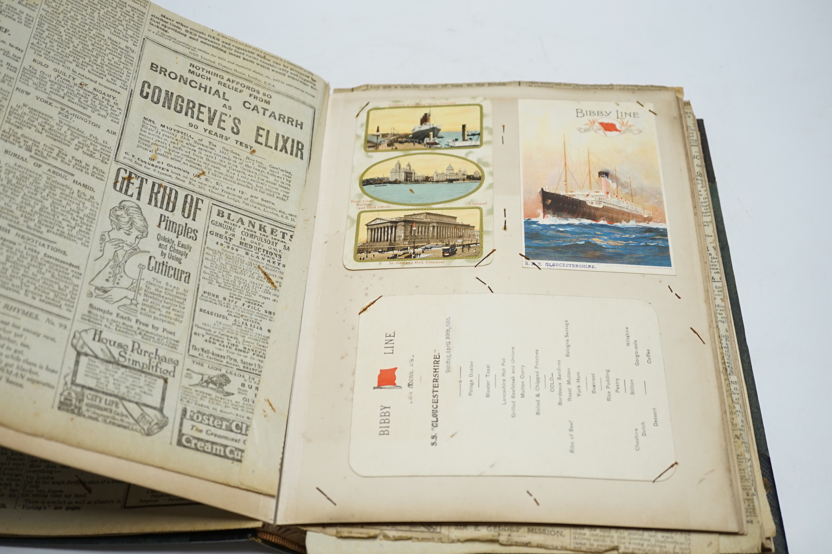 An Ocean liner scrap book and a collection of loose leaves of boating and shipping related postcards